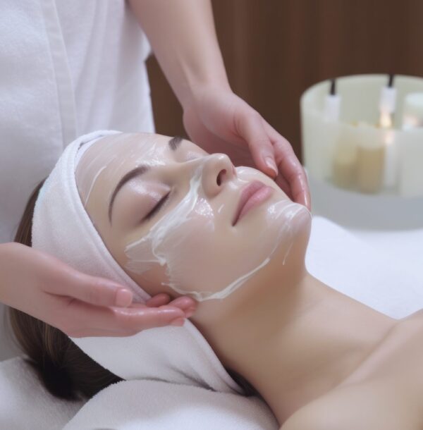 A woman receiving a facial massage in a spa, looking relaxed and content. Generative AI Facial Treatment in Bolton